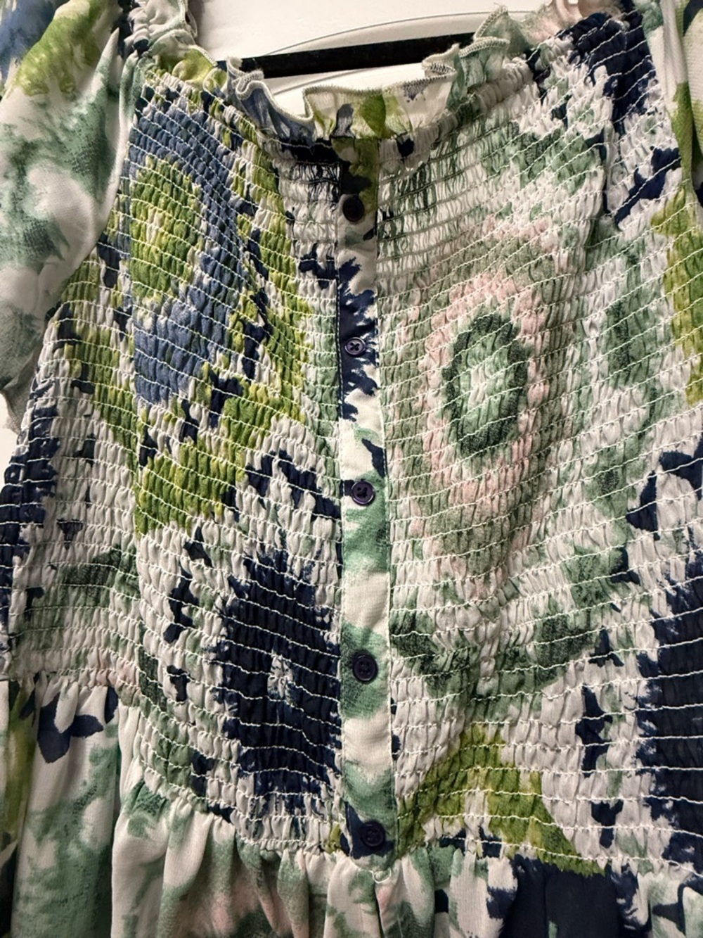 Boho Smocked Tie Dye Peplum Top 1X Green Blue Flutter Sleeve Flowy - Picture 3 of 6